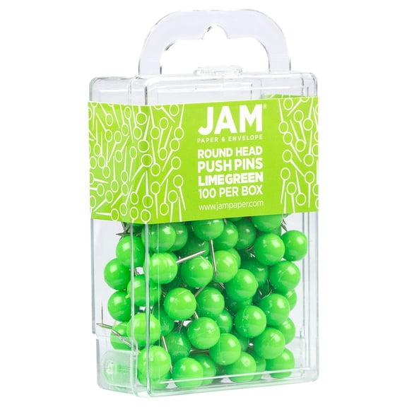 JAM Paper Colorful Push Pins, Round Head Map Thumb Tacks, Lime Green Pushpins, 100/Pack