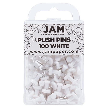JAM Paper Colorful Push Pins, White Push Pins, 1in, 100/Pack