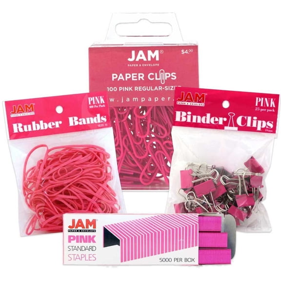 JAM Paper Desk Set 1 Rubber Bands, 1 Staples, 1 Binder Clips & 1 Paper Clips, Pink, 4/Pack