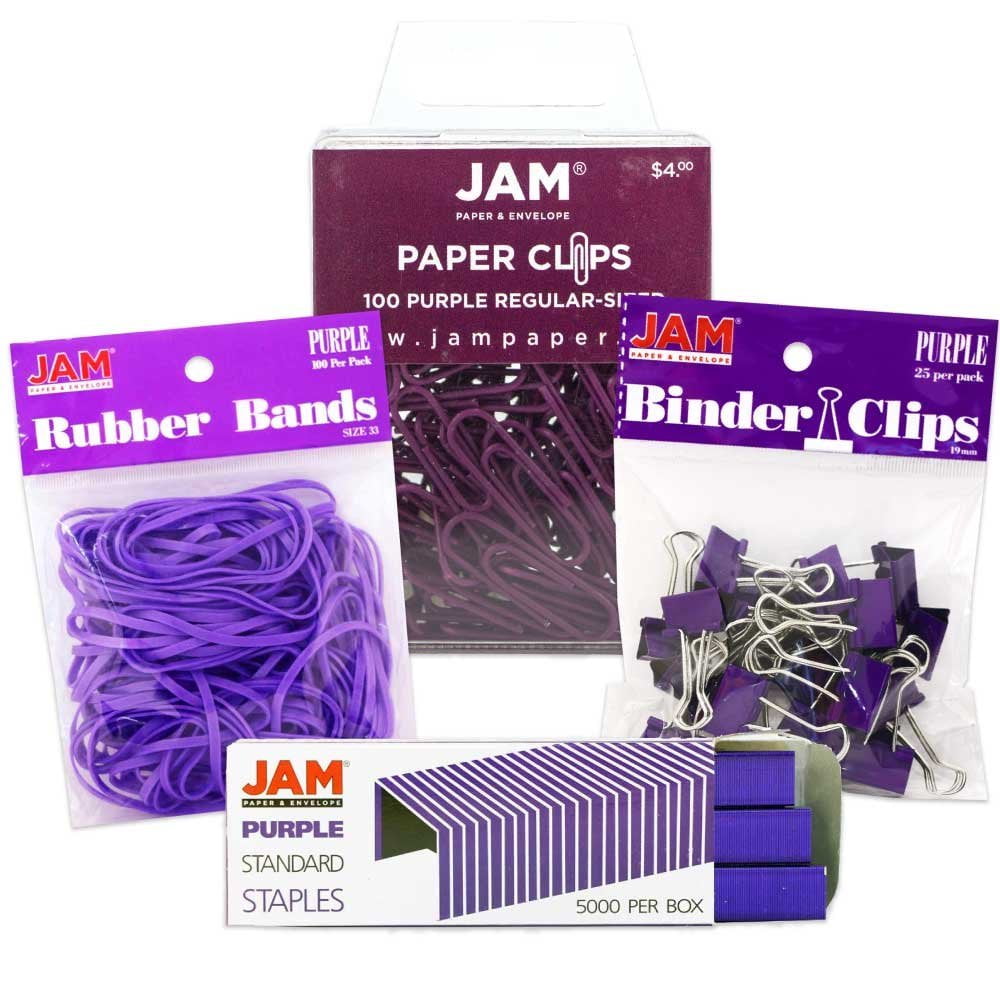 JAM Paper Desk Supply Set, 1 Rubber Bands, 1 Staples, 1 Binder Clips & 1 Paper Clips, Purple, 4/Pack