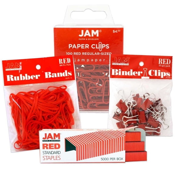 JAM Paper Desk Supply Set, Red, 1 Rubber Bands, 1 Staples, 1 Binder Clips & 1 Paper Clips, 4 Pack