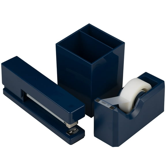 JAM Paper Desk Trio Pack, Navy Blue, Stapler, Tape Dispenser & Pen Holder, 3 per Pack