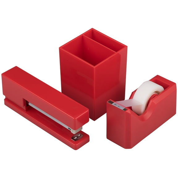 JAM Paper Desk Trio Pack, Red, 3/Pack, Stapler, Tape Dispenser & Pen Holder