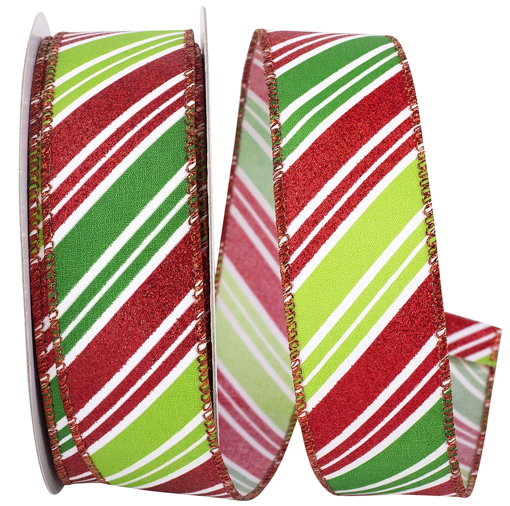 JAM Paper Diagonal Stripe Glitter Christmas Ribbon, Red & Green, 1.5in x 20yd, 1/Pack