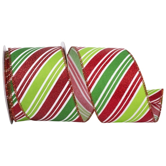 JAM Paper Diagonal Stripe Glitter Ribbon, Red & Green, 2.5in x 10yd, 1/Pack