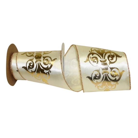 JAM Paper Eggshell Christmas Beige Polyester Filigree Ribbon, 540in, 1/Pack x 3.75in, 1/Pack