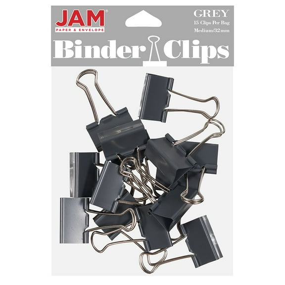JAM Paper Colorful Binder Clips, Medium, 1 1/4 inch (32 mm), Gray, 15/Pack