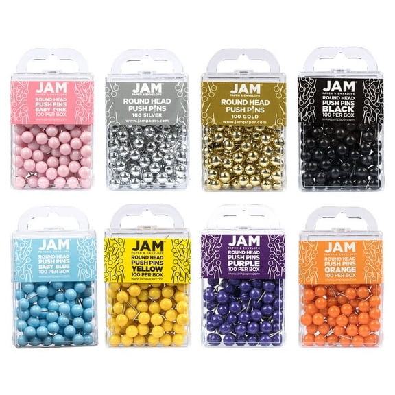 JAM Paper Colorful Push Pins, Round Head Thumb Tacks, Assorted Color, 8 Packs of 100