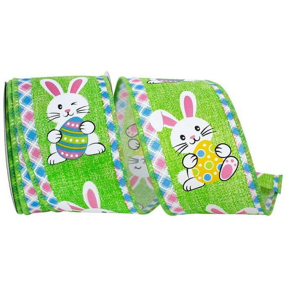 JAM Paper Easter Ribbon, Bunny & Egg, Green, 2 1/2in x 10yd, 1 Pack