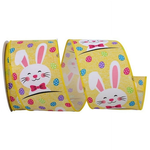 JAM Paper Easter Ribbon, Bunny & Eggs, Yellow, 2 1/2in x 10yd, 1 Pack