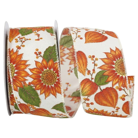 JAM Paper Fall Flower Ribbon, Color: Orange & White, 2.5in x 20yd, 1/Pack