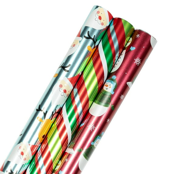 JAM Paper & Envelope Jolly Winter Christmas Wrapping Paper, Multi-Color, 3 Rolls, 75 Sq. ft.