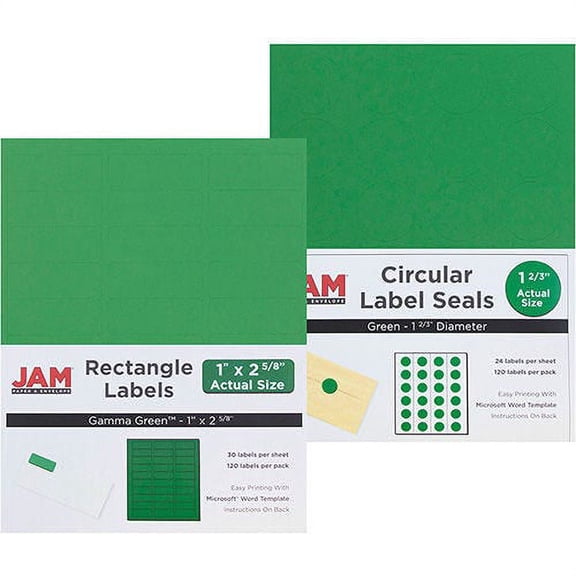 JAM Paper Mailing Labels, Combo Set, 1 x 2 5/8 Rectangle & 1 2/3 Circular, Green