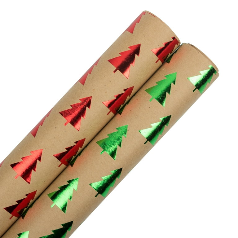 JAM Paper & Envelope Multi-Color Christmas Trees Kraft Wrapping Paper, Red  & Green, (2 Rolls) 50 Sq ft. 