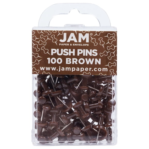 JAM Paper Push Pins, Brown Pushpins, 1 inch, 100/Pack