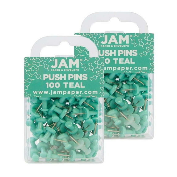 JAM Paper Push Pins, Teal Blue, 2 Packs of 100