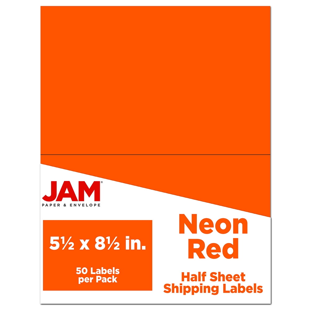 JAM Paper & Envelope Shipping Labels, Half Page, 5 1/2 x 8 1/2, Neon Deep Red / Orange, 50/Pack