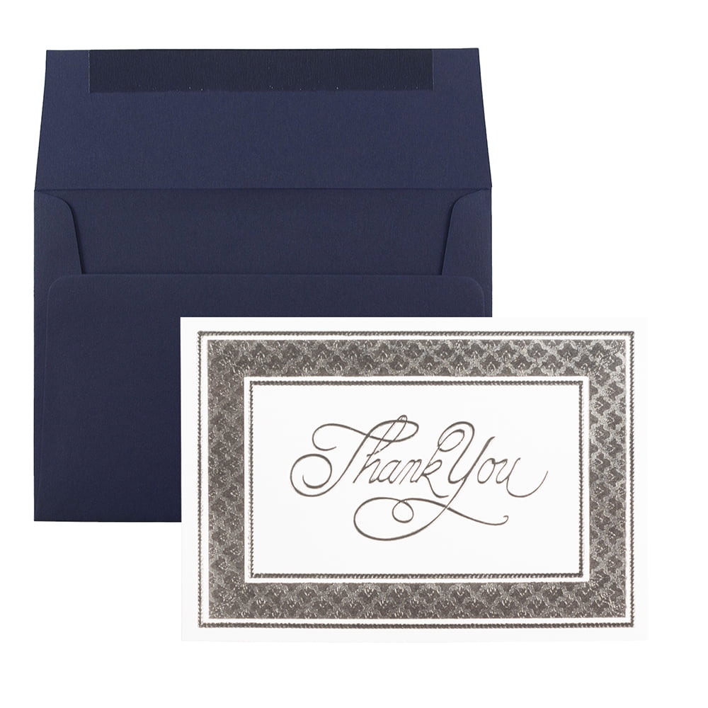 JAM Paper & Envelope Thank You Card Sets, Silver Border with Navy Blue