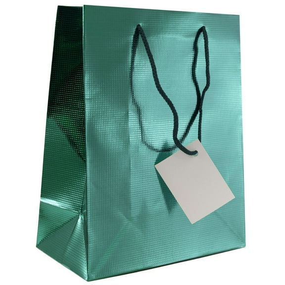 JAM Paper Foil Gift Bag, 8 x 10 x 4, Teal Checkered, 1/Pack, Medium