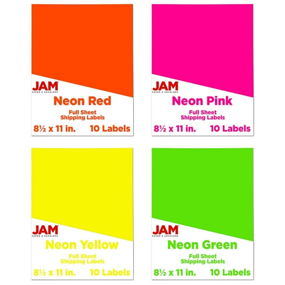 JAM Paper Full Page Shipping Labels, 8 1/2 x 11, Assorted Neon Colors, 40 Sheets per Pack