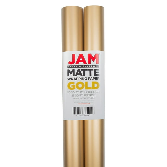 JAM Paper Gift Wrap, Matte Wrapping Paper, 25 Sq ft, Matte Gold Foil, 2 Pack
