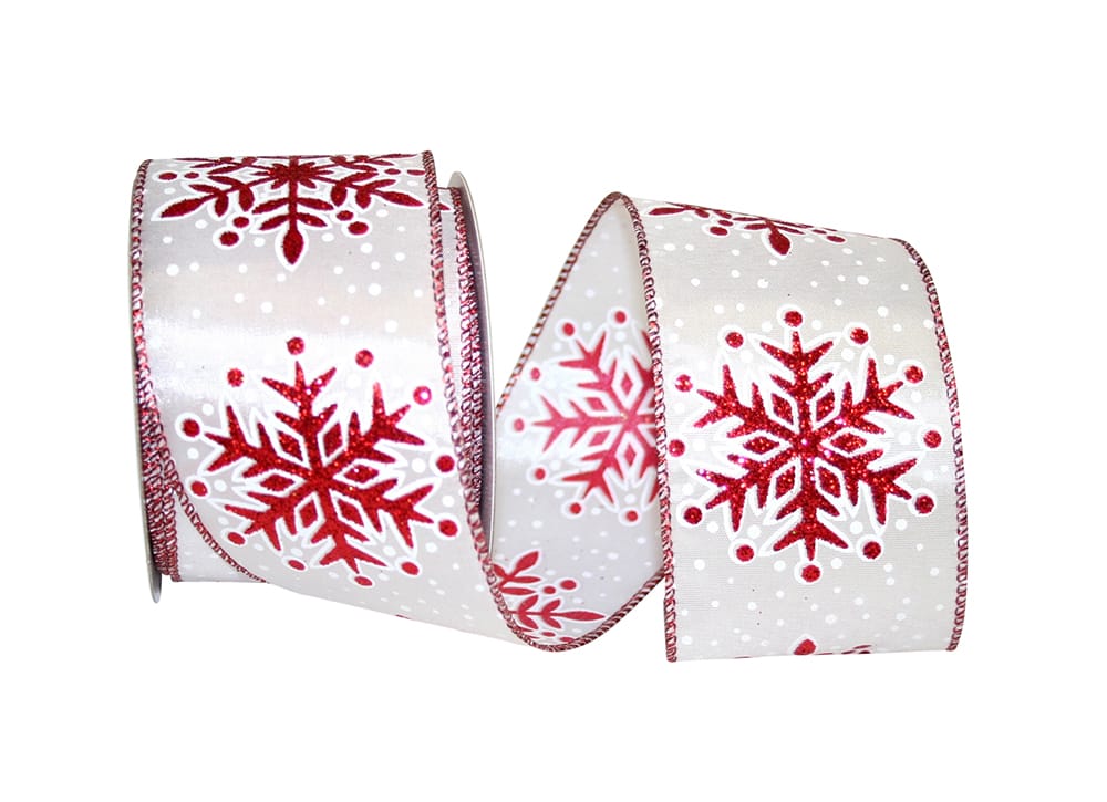 JAM Paper Glitter Snowflake Ribbon, Red & White, 2.5in x 10yd, 1/Pack