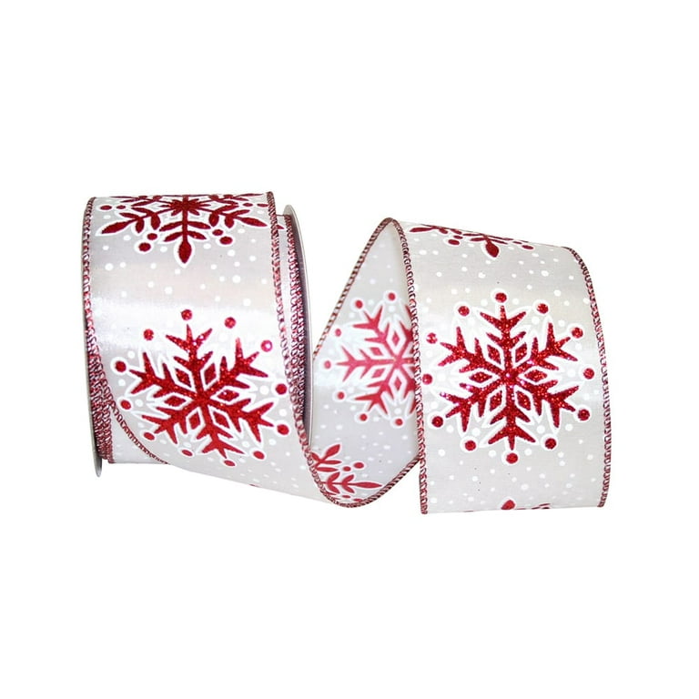 JAM Paper Glitter Snowflake Ribbon, Red & White, 2.5in x 10yd, 1/Pack