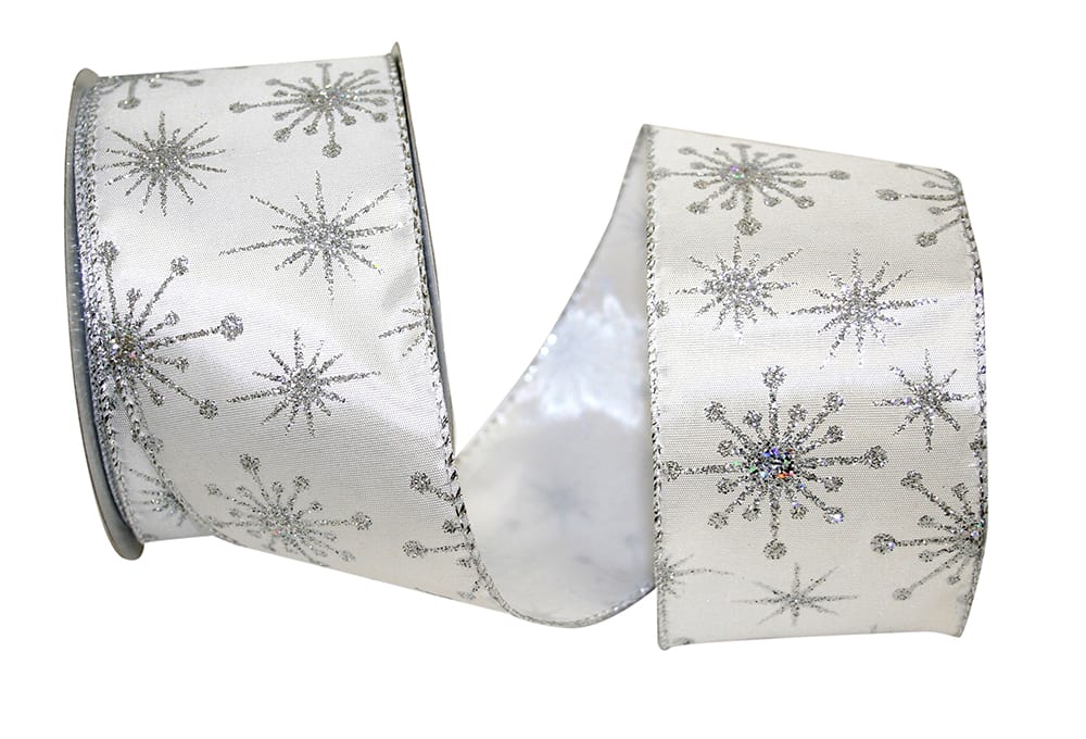 JAM Paper Glitter Snowflake Ribbon, White & Silver, 2.5in x 20yd, 1/Pack