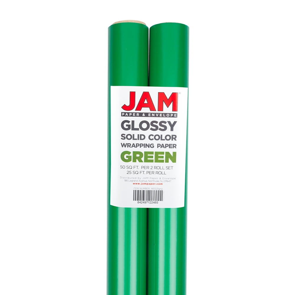 JAM Paper Glossy Wrapping Paper, 25 Sq ft, Green, All Occasion, 2 Rolls