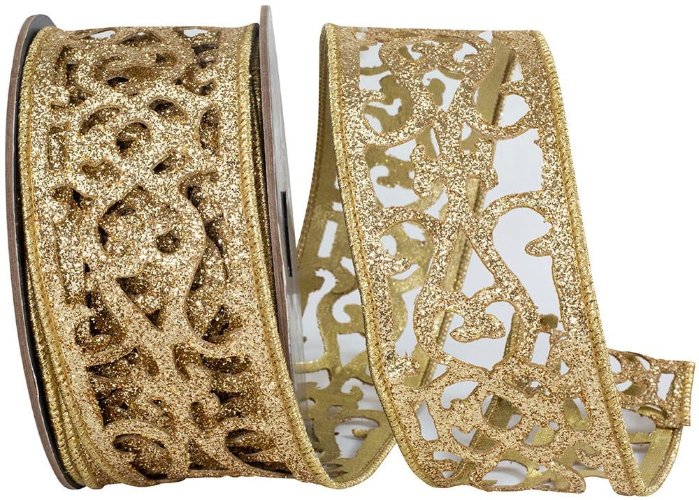 JAM Paper Gold Scroll Glitter Opulence Cut Out 2 1/2 Inch x 10 Yards Wired Edge Ribbon, 1/Pack
