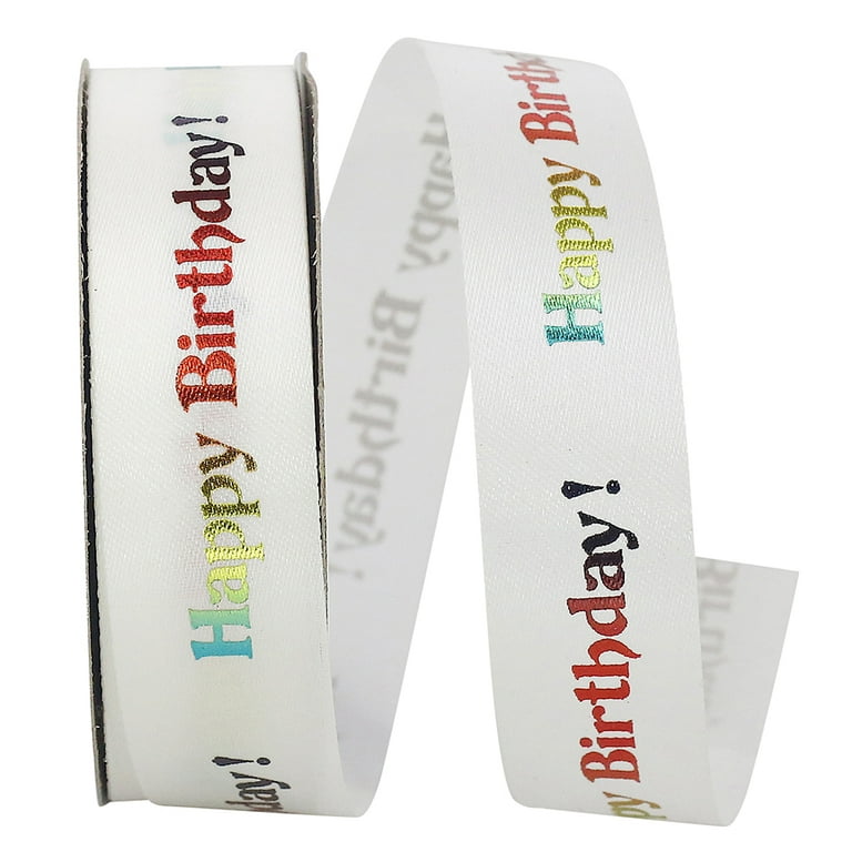 JAM Paper Happy Birthday Ribbon, White, 7/8 in x 25 yd, 1/Pack