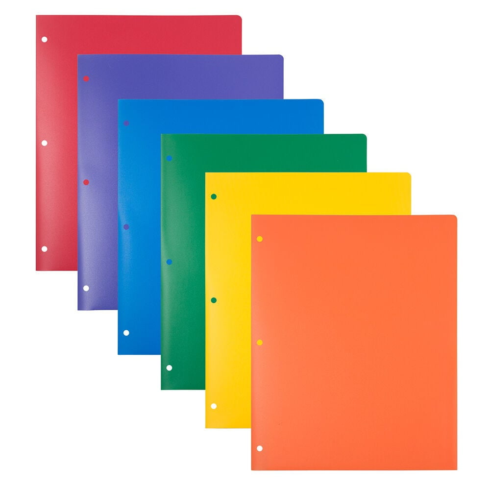 JAM Paper Heavy Duty Plastic 3 Hole Punch Pocket Folders, Extra Tough, Assorted Primary Colors, Bulk 144/Box