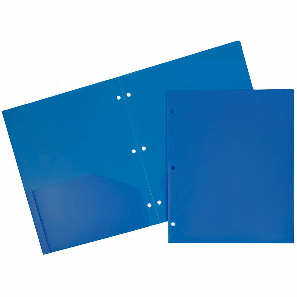 JAM Paper Heavy Duty Plastic 3 Hole Punch Pocket Folders, Extra Tough, Blue, Bulk 144/Box