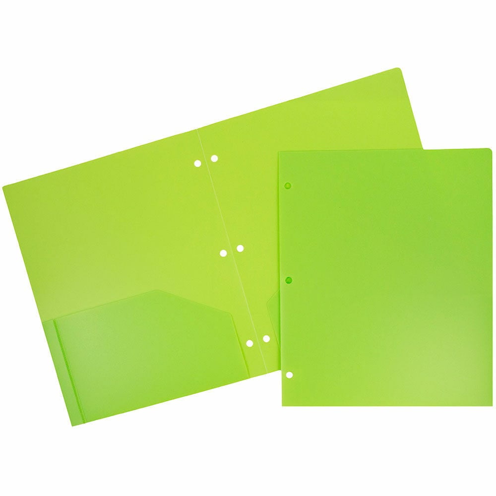 JAM Paper Heavy Duty Plastic 3 Hole Punch Pocket Folders, Extra Tough, Lime Green, Bulk 48/Pack