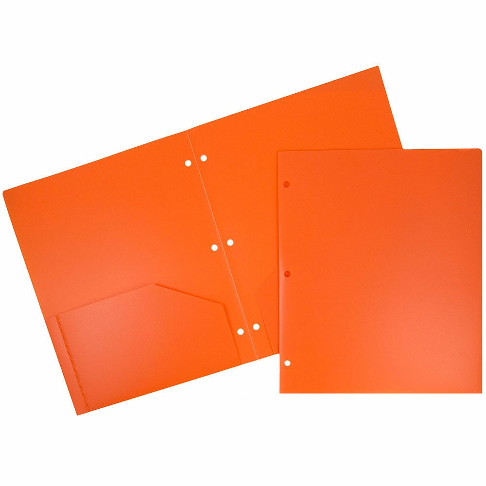 JAM Paper Heavy Duty Plastic 3 Hole Punch Pocket Folders, Extra Tough, Orange, Bulk 144/Box
