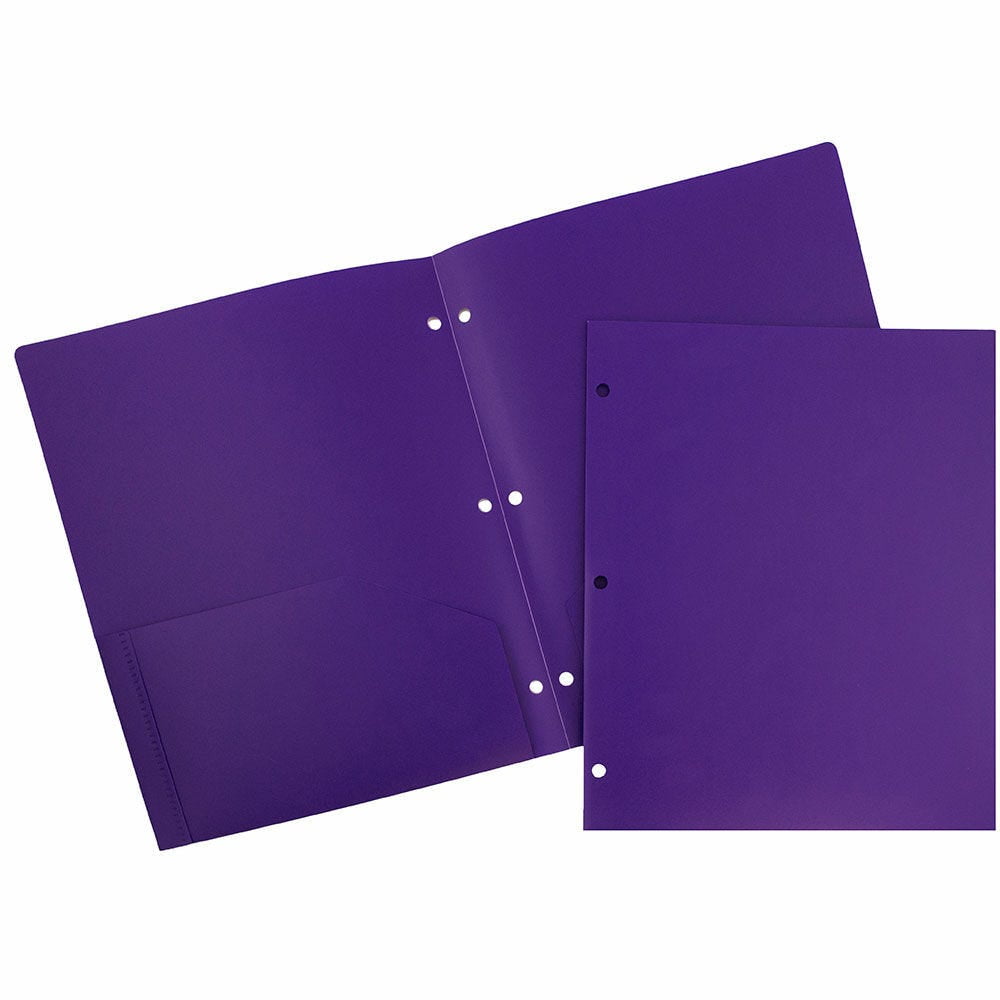 JAM Paper Heavy Duty Plastic 3 Hole Punch School Folders with Pockets, Purple, 3/Pack