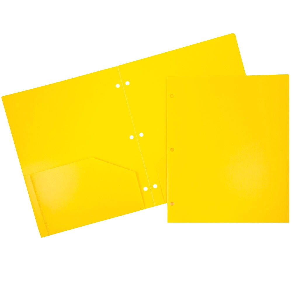 JAM Paper Heavy Duty Plastic 3 Hole Punch School Folders with Pockets, Yellow, 3/Pack