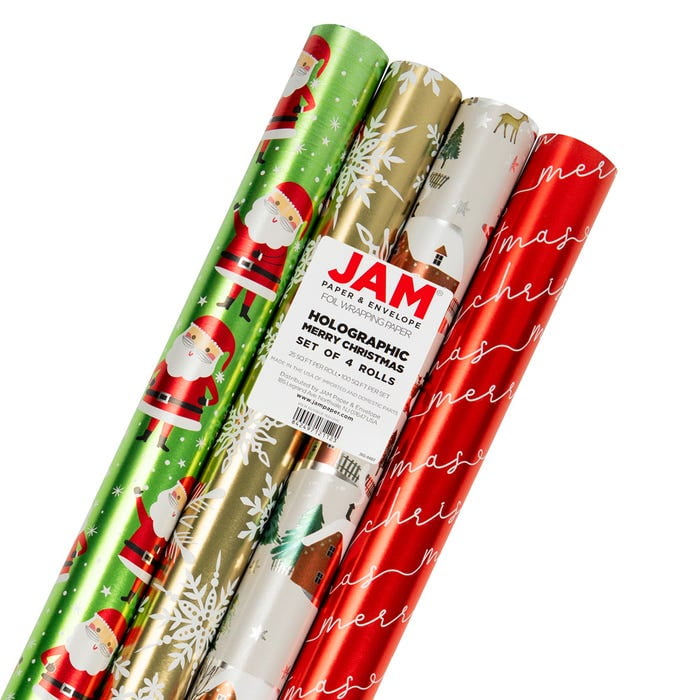 JAM Paper Holographic Christmas Gift Wrap Papers, Multicolor, (4 Rolls) 25 Sq ft.