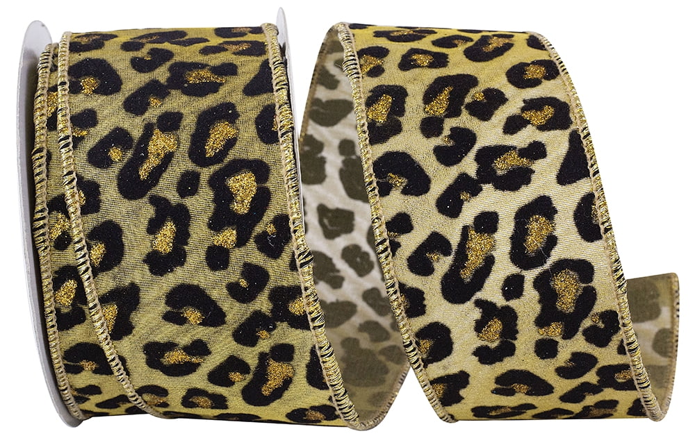 JAM Paper Jaguar Spots Deluxe Tissue Silk Mesh Wired Edge Ribbon, Gold & Black, 2.5in x 10yd, 1 per Pack