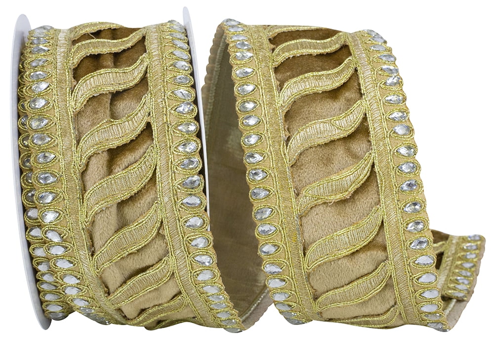 JAM Paper Jeweled Trim Elegance Velvet Wired Edge Ribbon, Champagne, 2.5in x 5yd, 1 per Pack