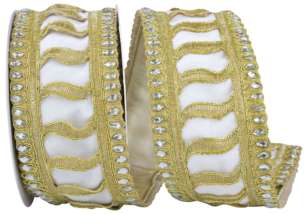 JAM Paper Jeweled Trim Elegance Velvet Wired Edge Ribbon, Ivory, 2.5in x 5yd, 1 per Pack