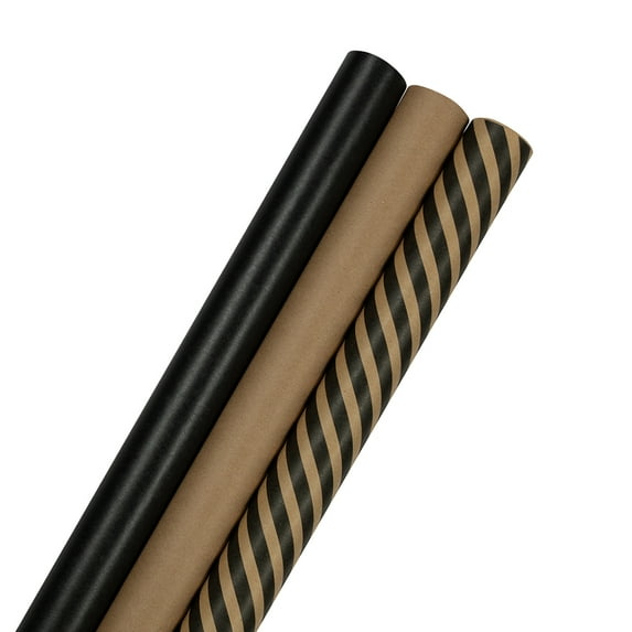JAM Paper Kraft Black Stripes & Solids Deluxe Set Wrapping Paper, 87.5 sq ft, 3/Rolls