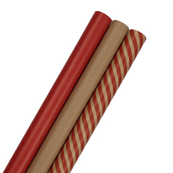 JAM Paper Kraft Red Stripes & Solids Deluxe Holiday Set Wrapping Paper, 87.5 Sq ft, 3/Rolls