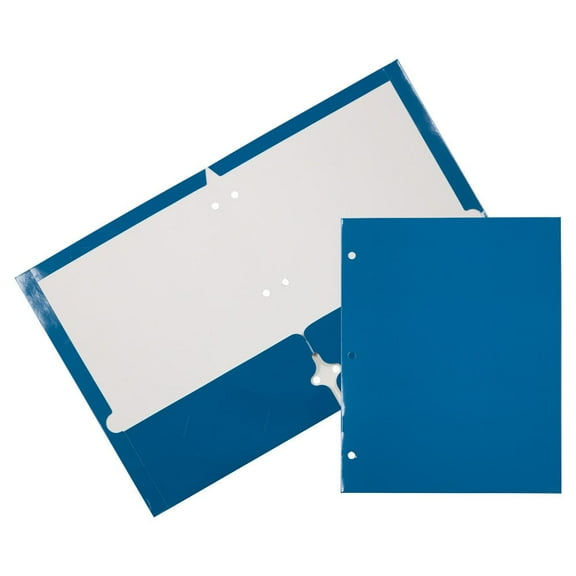 JAM Paper Laminated Two Pocket Glossy 3 Hole Punch School Folders, Blue, 3/Pack