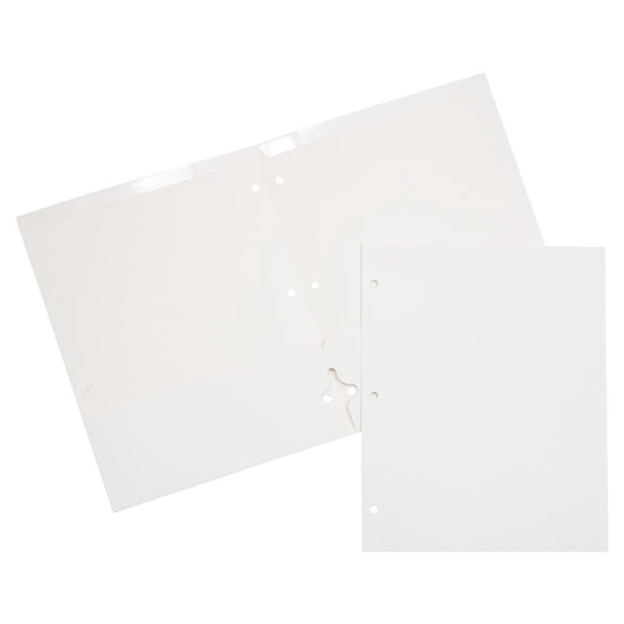 JAM Paper Laminated Two Pocket Glossy 3 Hole Punch School Folders, White, 3/Pack