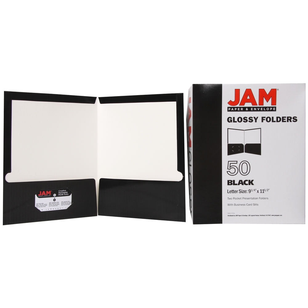 JAM Paper Laminated Two Pocket Glossy Folders, Black, Bulk 50/Box