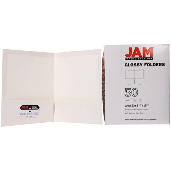 JAM Paper Laminated Two Pocket Glossy Folders, White, Bulk 50/Box