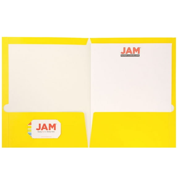 JAM Paper Laminated Two Pocket Glossy Folders, Yellow, Bulk 25 per Pack