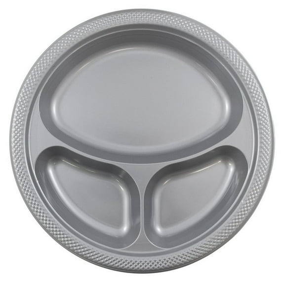 JAM Paper Large Silver Plastic 3 Compartment Plates, 10.25 Inches, 20 per Pack