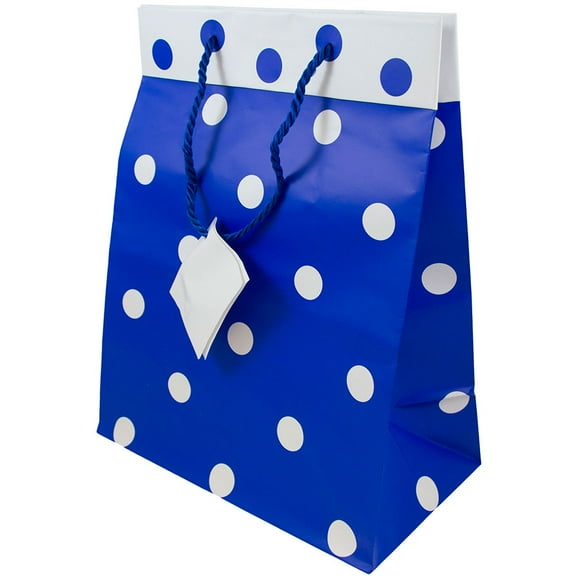 JAM Paper Matte Gift Bag, 10 x 13 x 6, Blue & White Polka Dot, 1/Pack